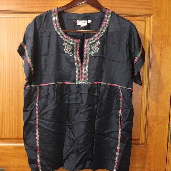 Pure DKNY Short Sleeve Colorful Embroidered Top Medium Rayon Chic Playful - Picture 2 of 15